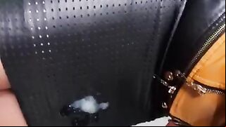 leather mistress handjob & blowjob for a fan custom clip, cumshot on leather skirt